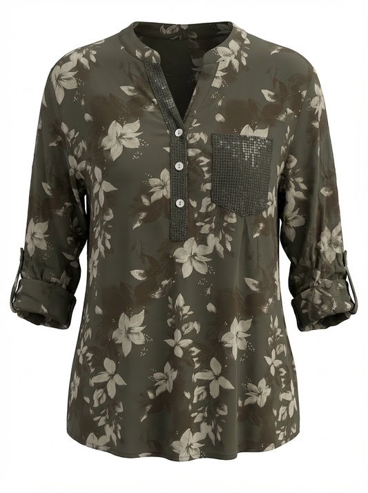 Paloma Printed One Pocket Sequin Top Brown w/White Flowers