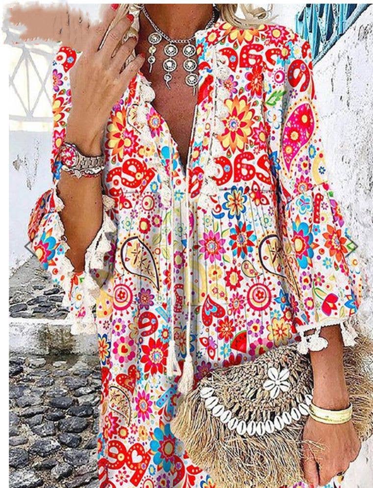 Priya Women Print V Neck Tassel 3/4 Sleeve Shift Dress Bohemian Casual Knee Length Dress: Red / L