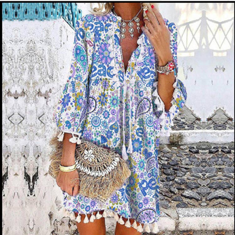Priya Women Print V Neck Tassel 3/4 Sleeve Shift Dress Bohemian Casual Knee Length Dress: Red / M