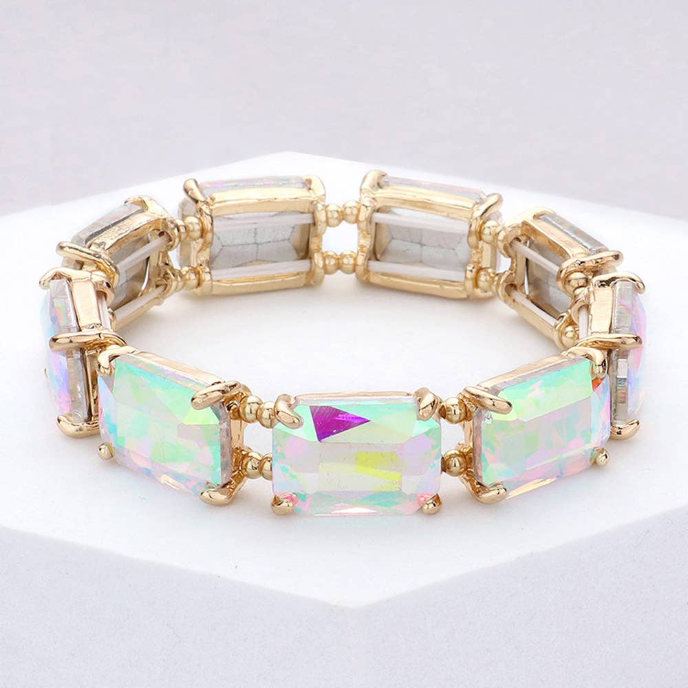 Emerald Cut Stone Stretch Evening Bracelet: Clear Gold Shiny