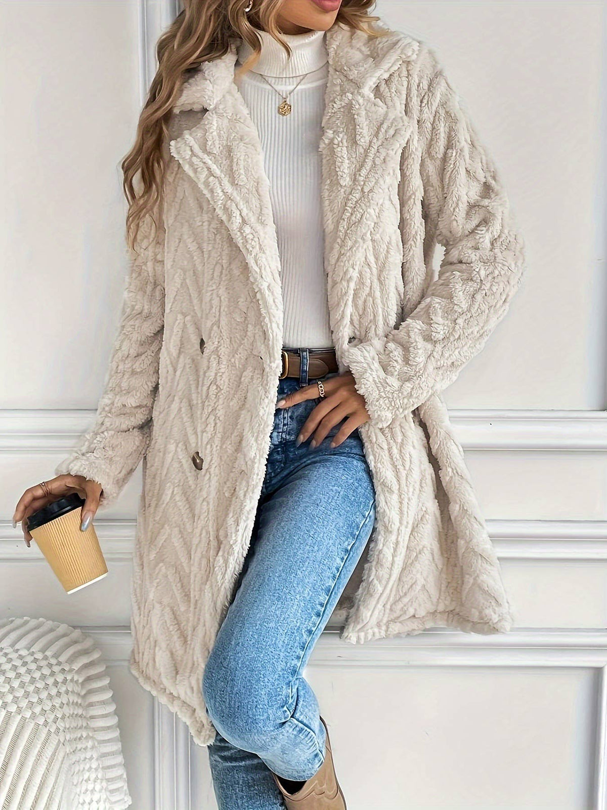 Double-sided Plush Slip Pockets Casual Long Coat: Beige / S