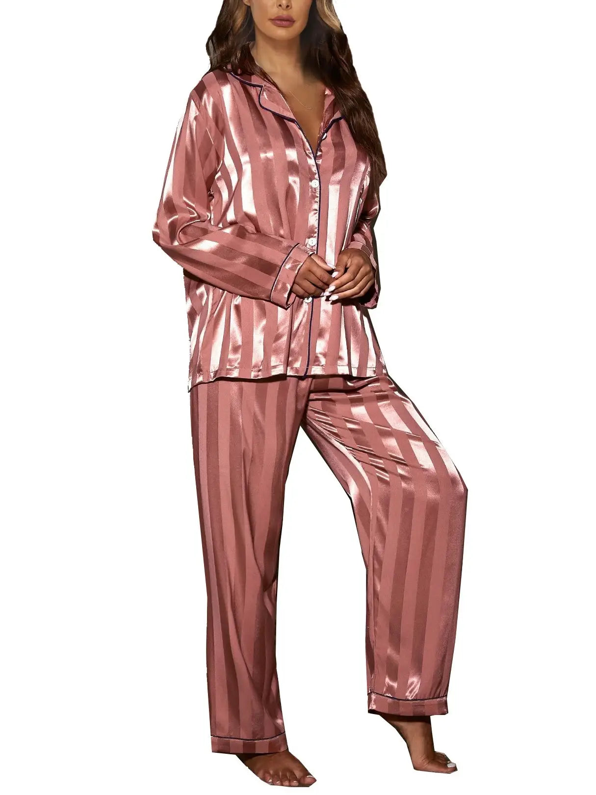 Monica Soft Satin Contrast Striped Long Sleeve Pajama Set Rose Red