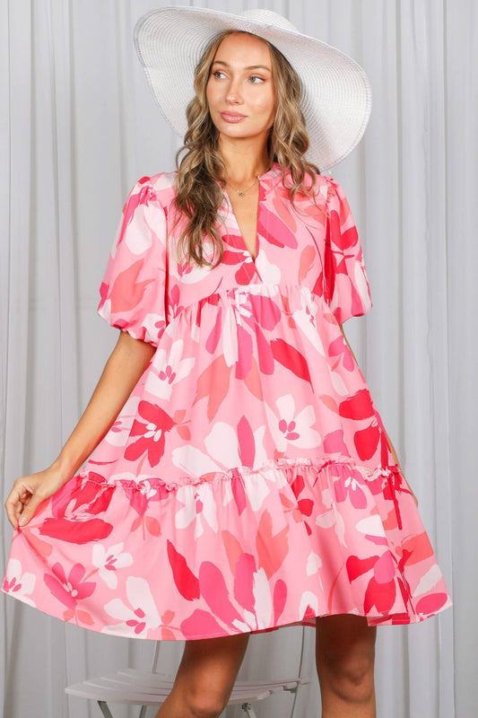 Lumi Floral Print V-Neck Tired Baby Doll Mini Dress VD82057M: Pink / M