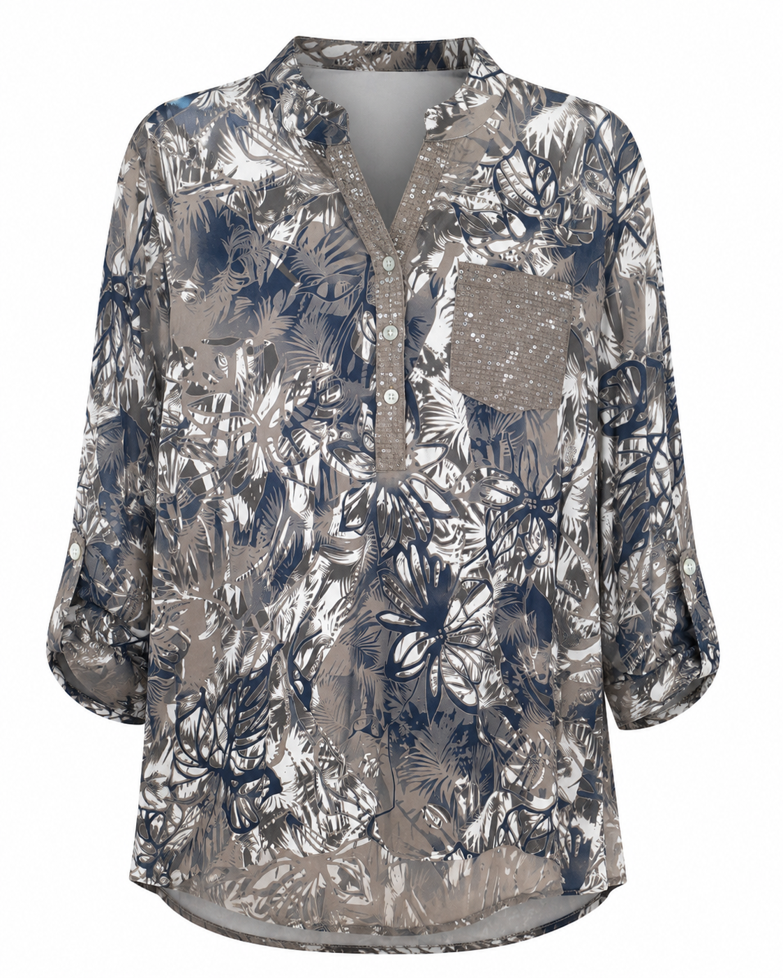 Paloma Printed One Pocket Sequin Top Brown & Blue Floral