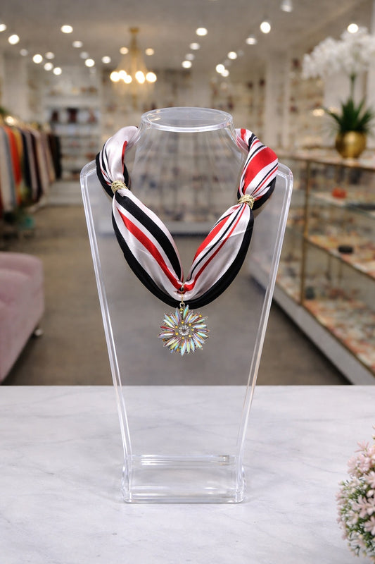 Black and Red Twilly with AB Flower Pendant Necklace