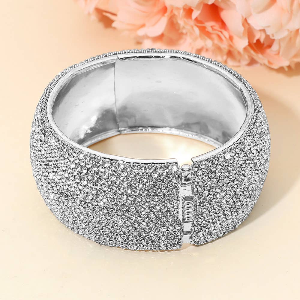 Wide Rhinestone Pearl Paved Hinged Evening Bangle Bracelet: Leopard