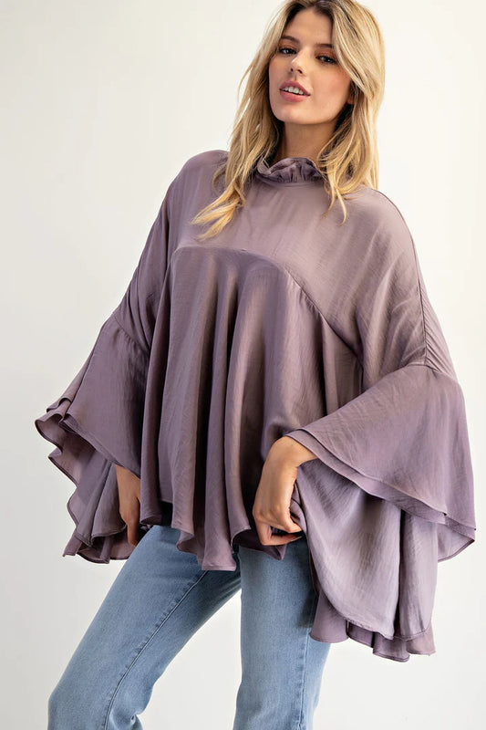 Noelle Dolaman Sleeve Satin Swing Top Purple Taupe