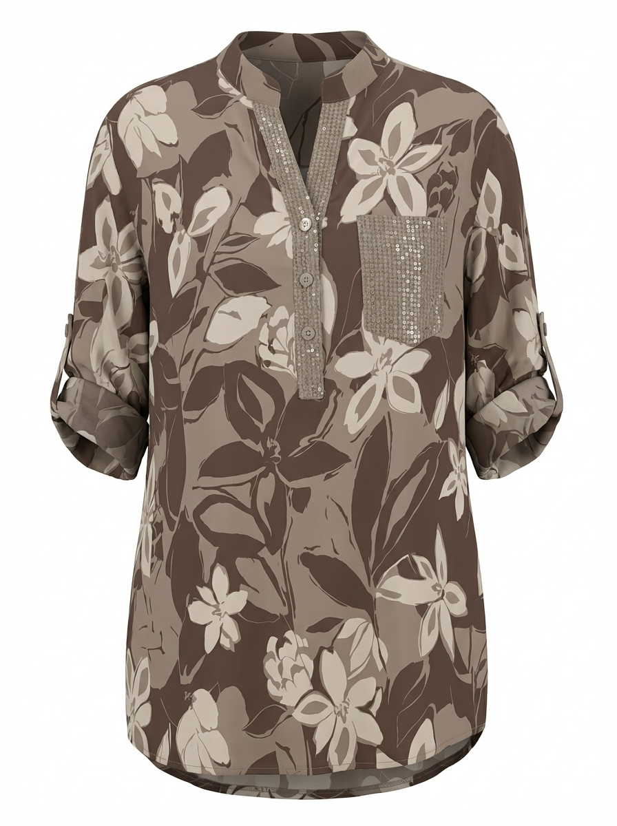 Paloma Printed One Pocket Sequin Top Tan w/Brown & White