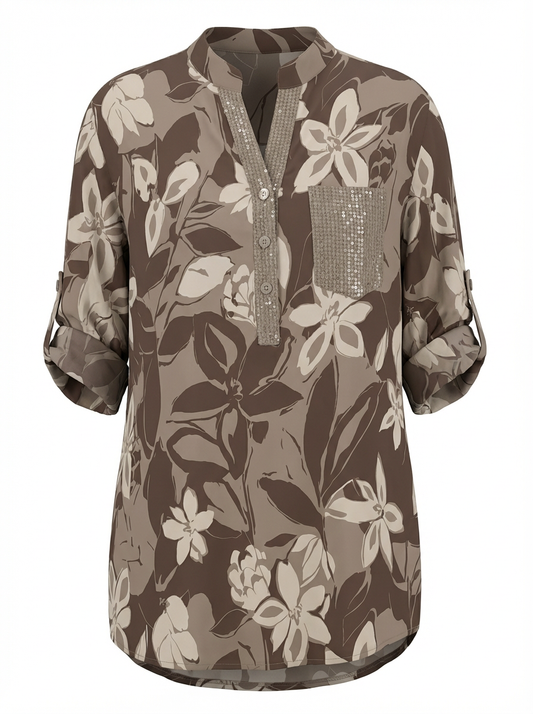 Paloma Printed One Pocket Sequin Top Tan w/Brown & White