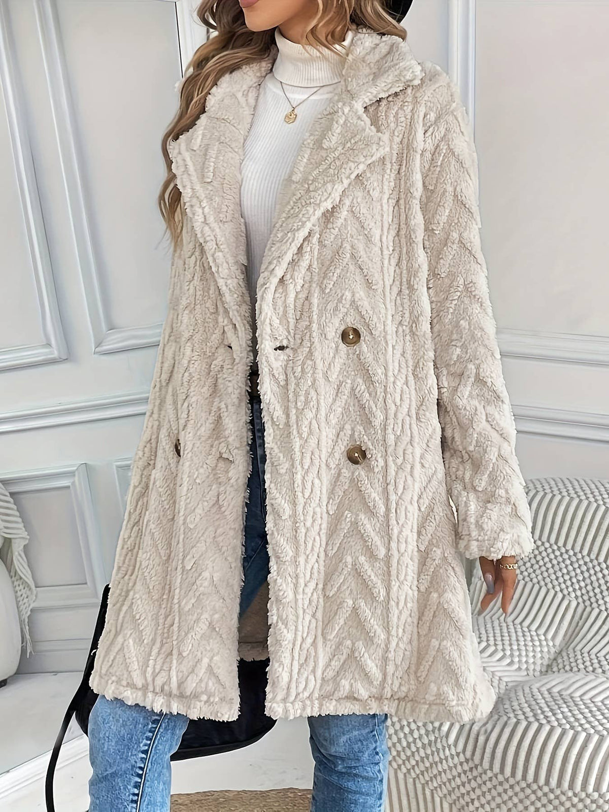 Double-sided Plush Slip Pockets Casual Long Coat: Beige / S