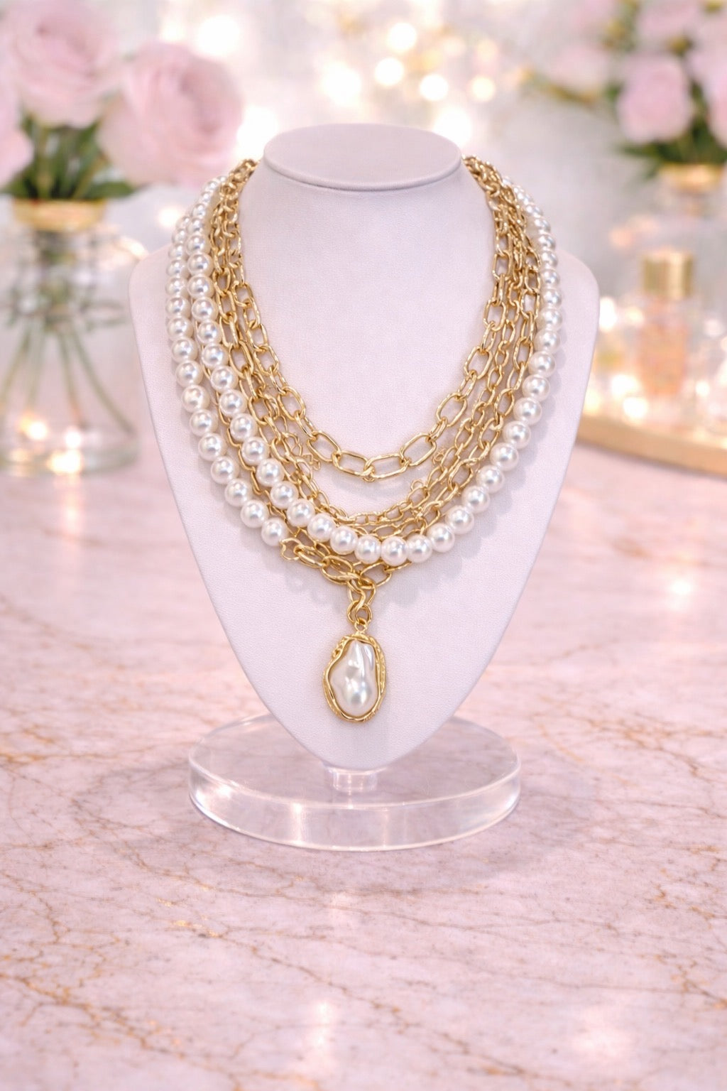 Gold Pearl Multi Strand Necklace