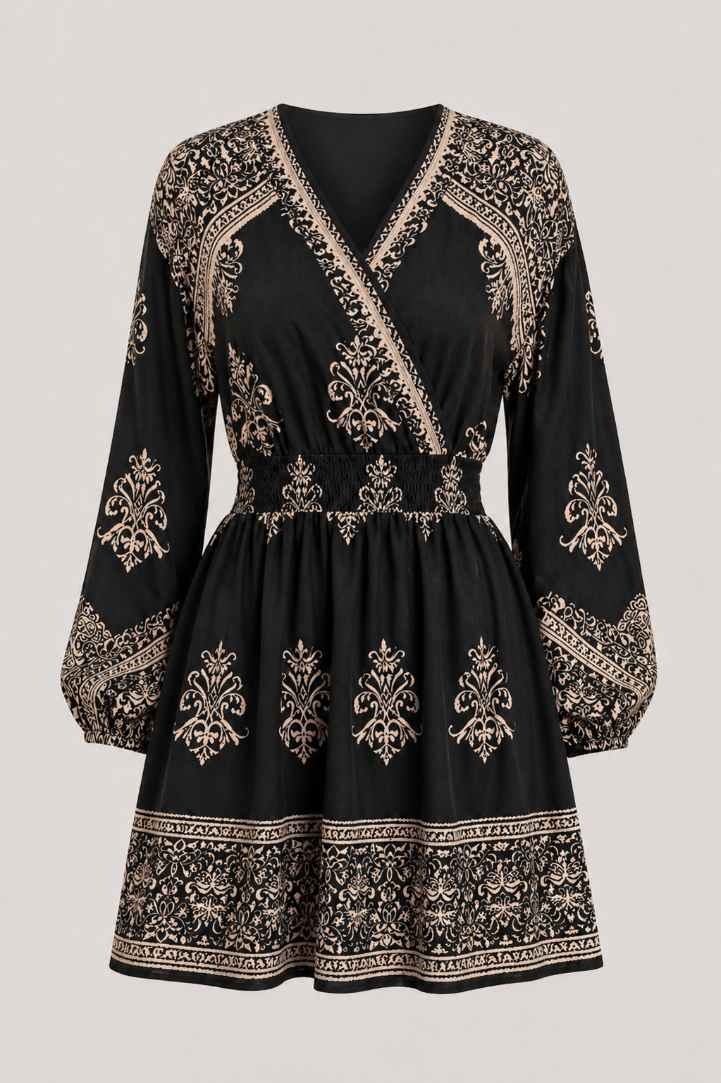 Teri Border Printed Challis Surplice Dress Black
