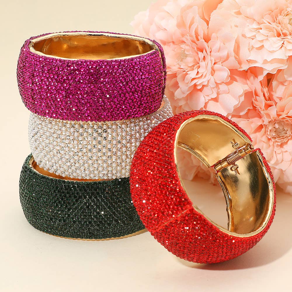 Wide Rhinestone Pearl Paved Hinged Evening Bangle Bracelet: Leopard