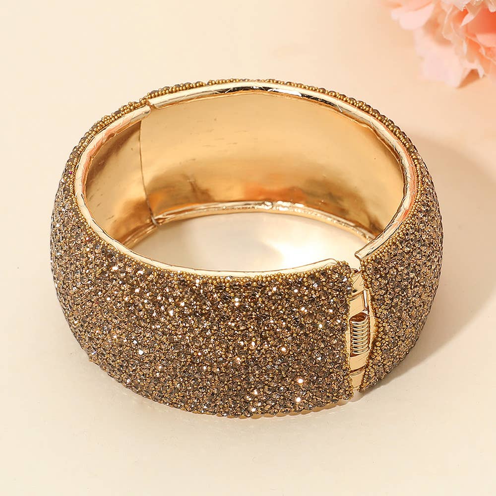Wide Rhinestone Pearl Paved Hinged Evening Bangle Bracelet: Leopard
