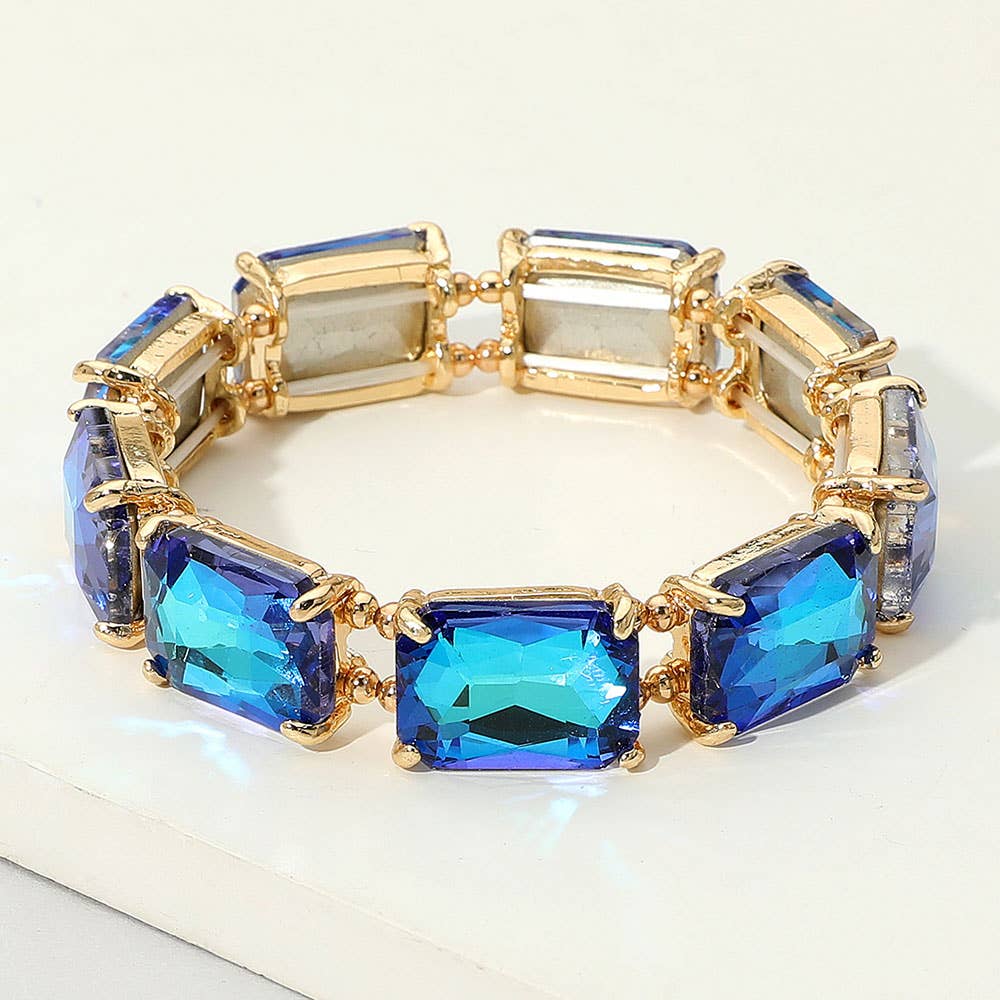 Emerald Cut Stone Stretch Evening Bracelet: Clear Gold Shiny