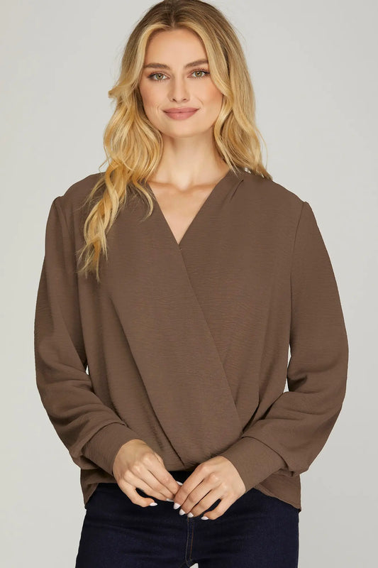 Madeline Long Sleeve Surplice Woven Top Mocha