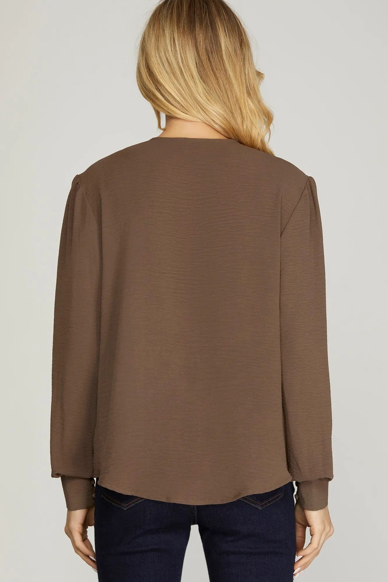 Madeline Long Sleeve Surplice Woven Top Mocha