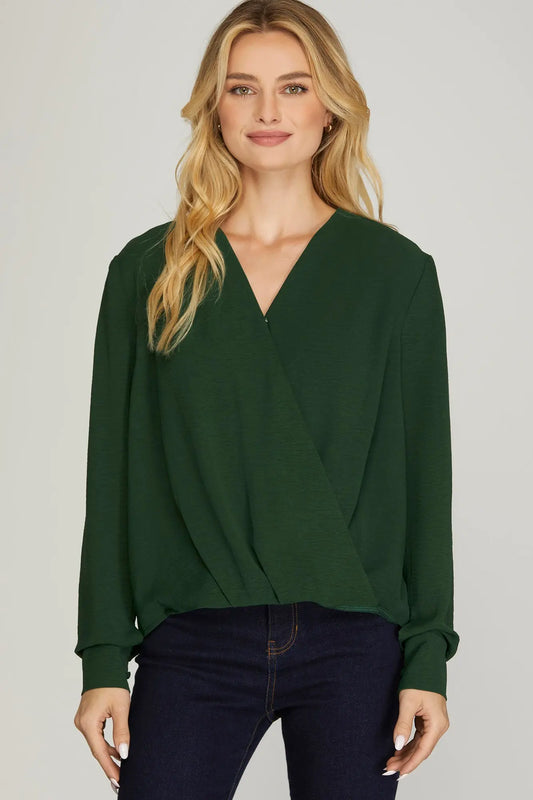 Madeline Long Sleeve Surplice Woven Top Sea Green