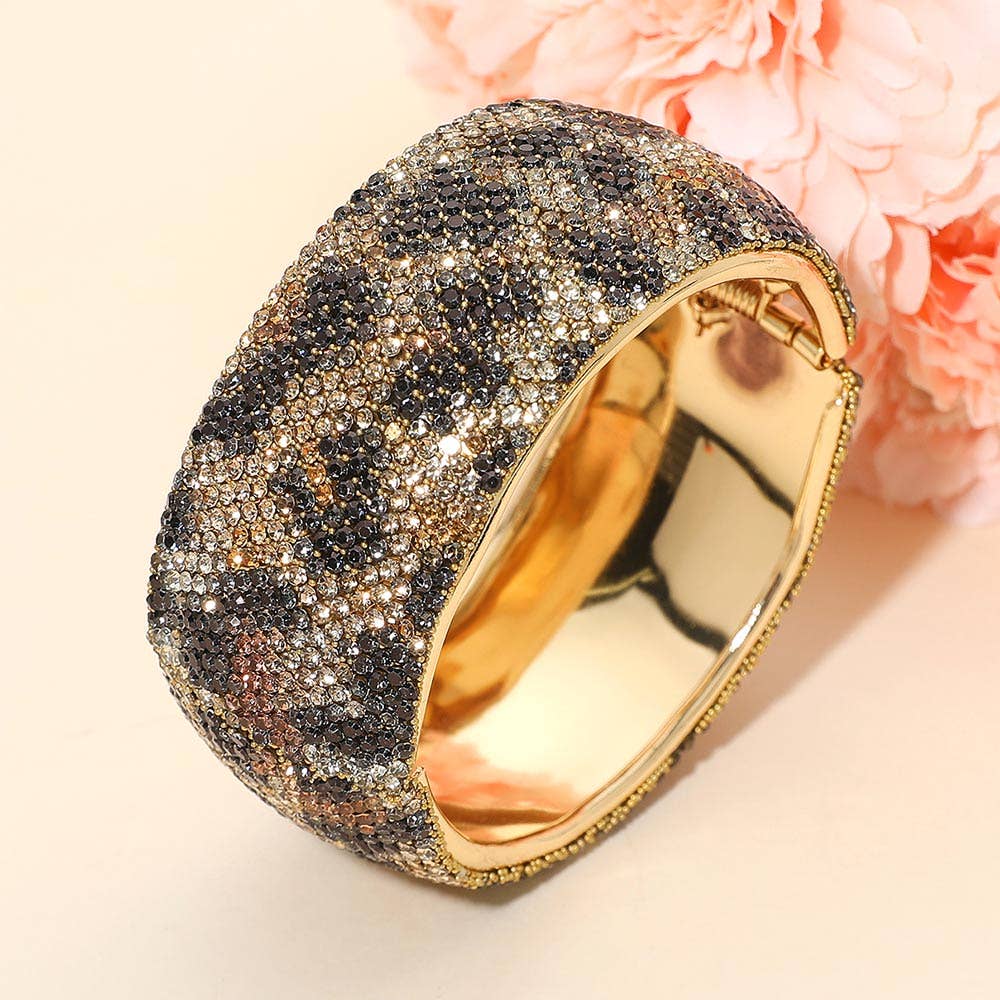 Wide Rhinestone Pearl Paved Hinged Evening Bangle Bracelet: Leopard