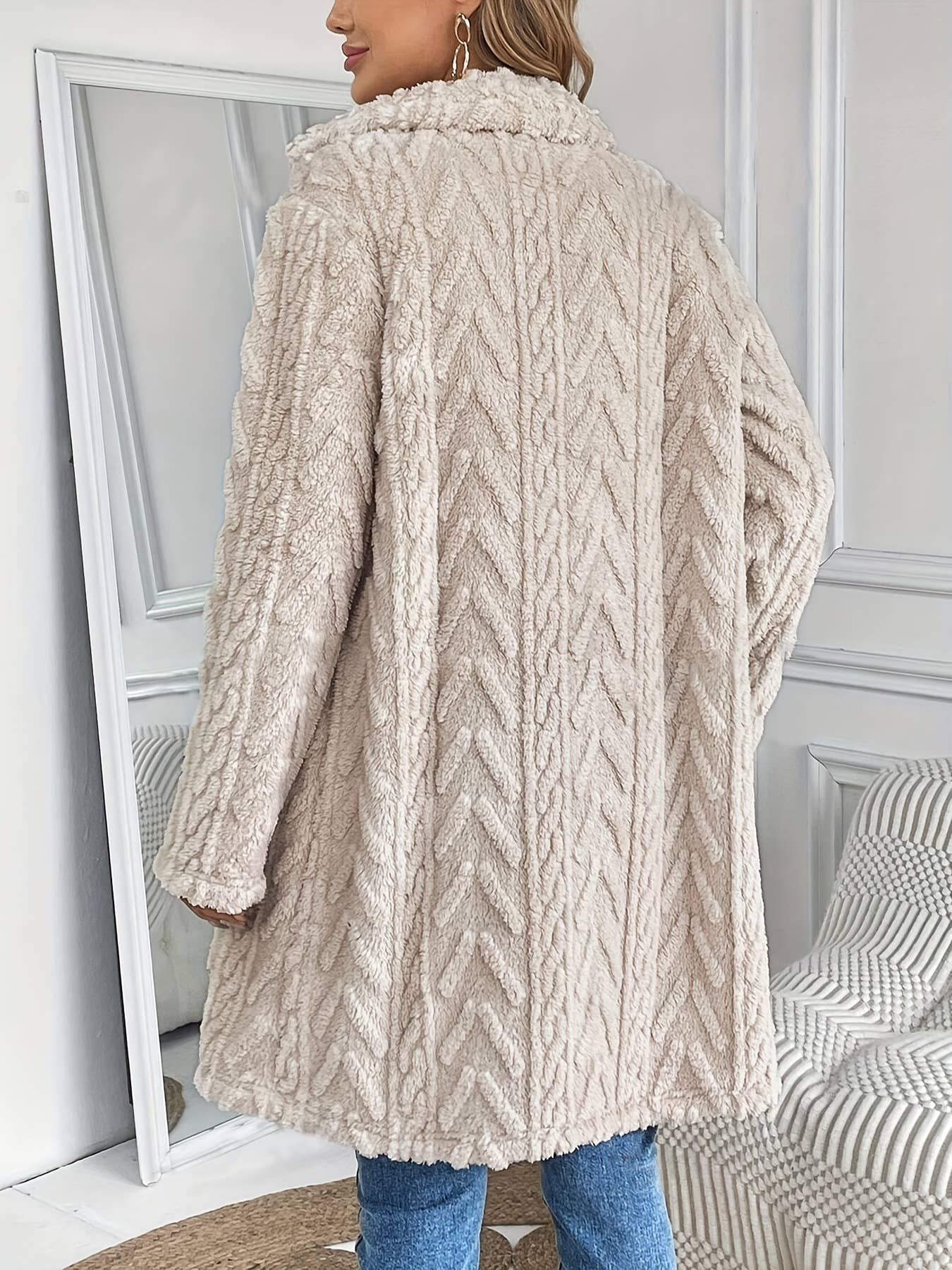 Double-sided Plush Slip Pockets Casual Long Coat: Beige / S
