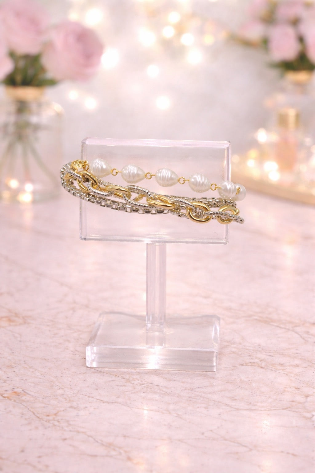 Pearl Mixed Metal Link Bracelet Stack