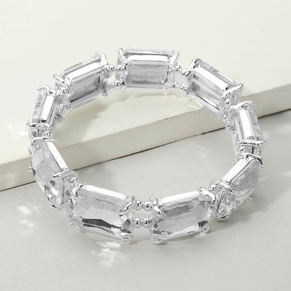 Emerald Cut Stone Stretch Evening Bracelet: Clear Gold Shiny