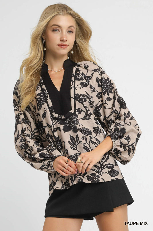 Esme Two Tone Floral Print Top Taupe Mix