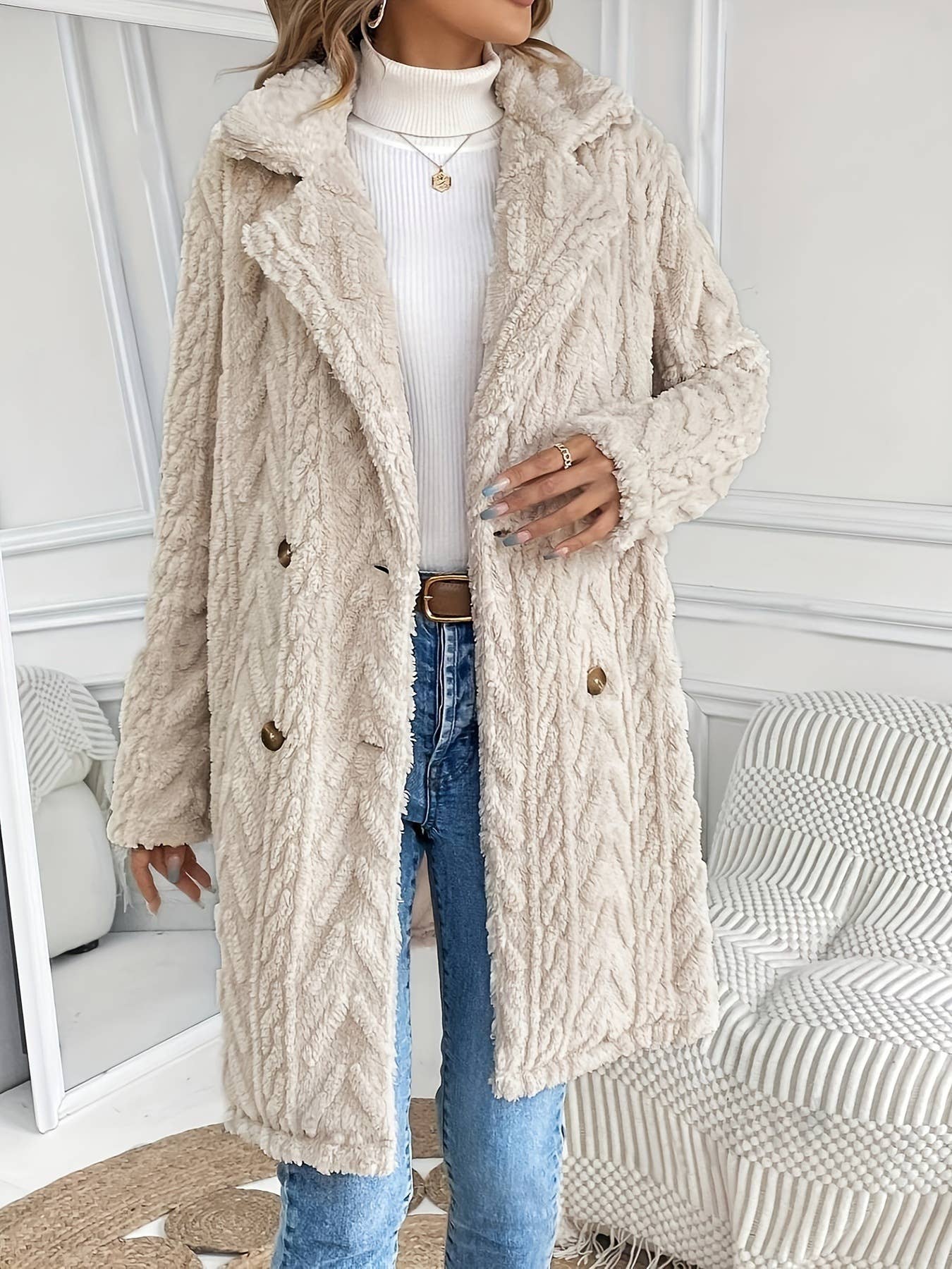 Double-sided Plush Slip Pockets Casual Long Coat: Beige / S