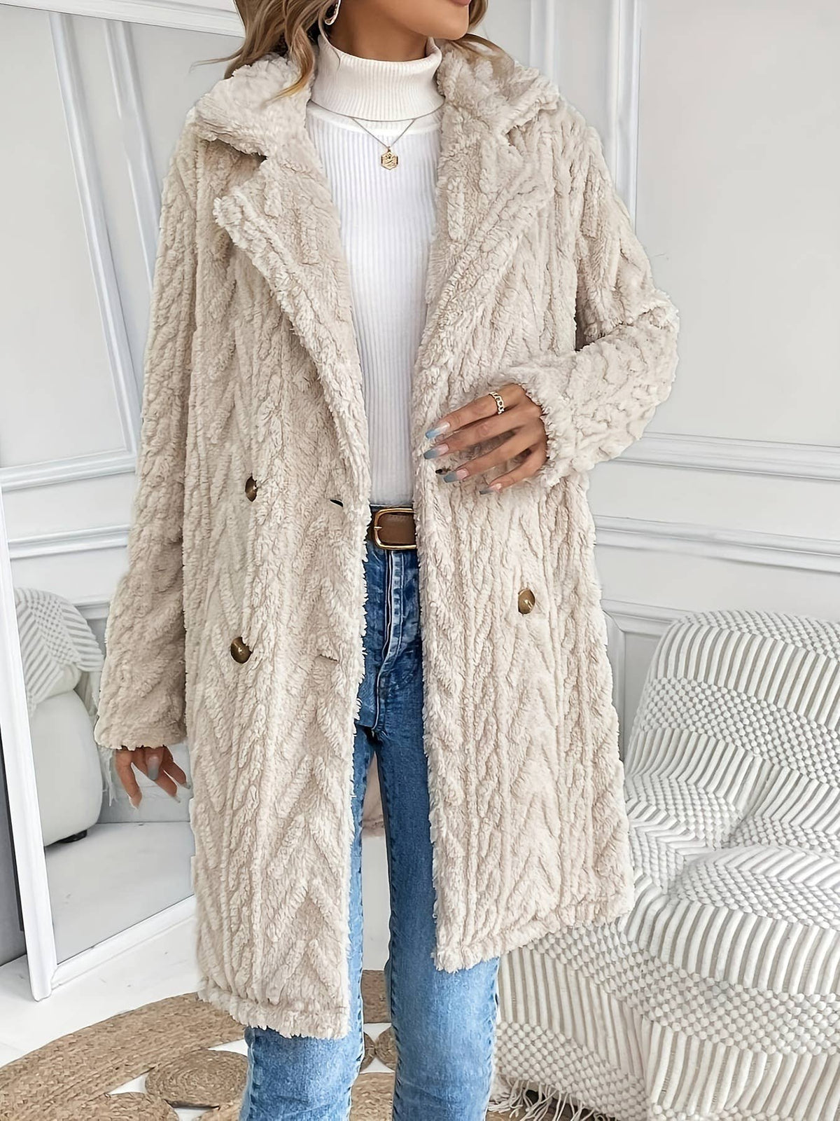 Double-sided Plush Slip Pockets Casual Long Coat: Beige / L