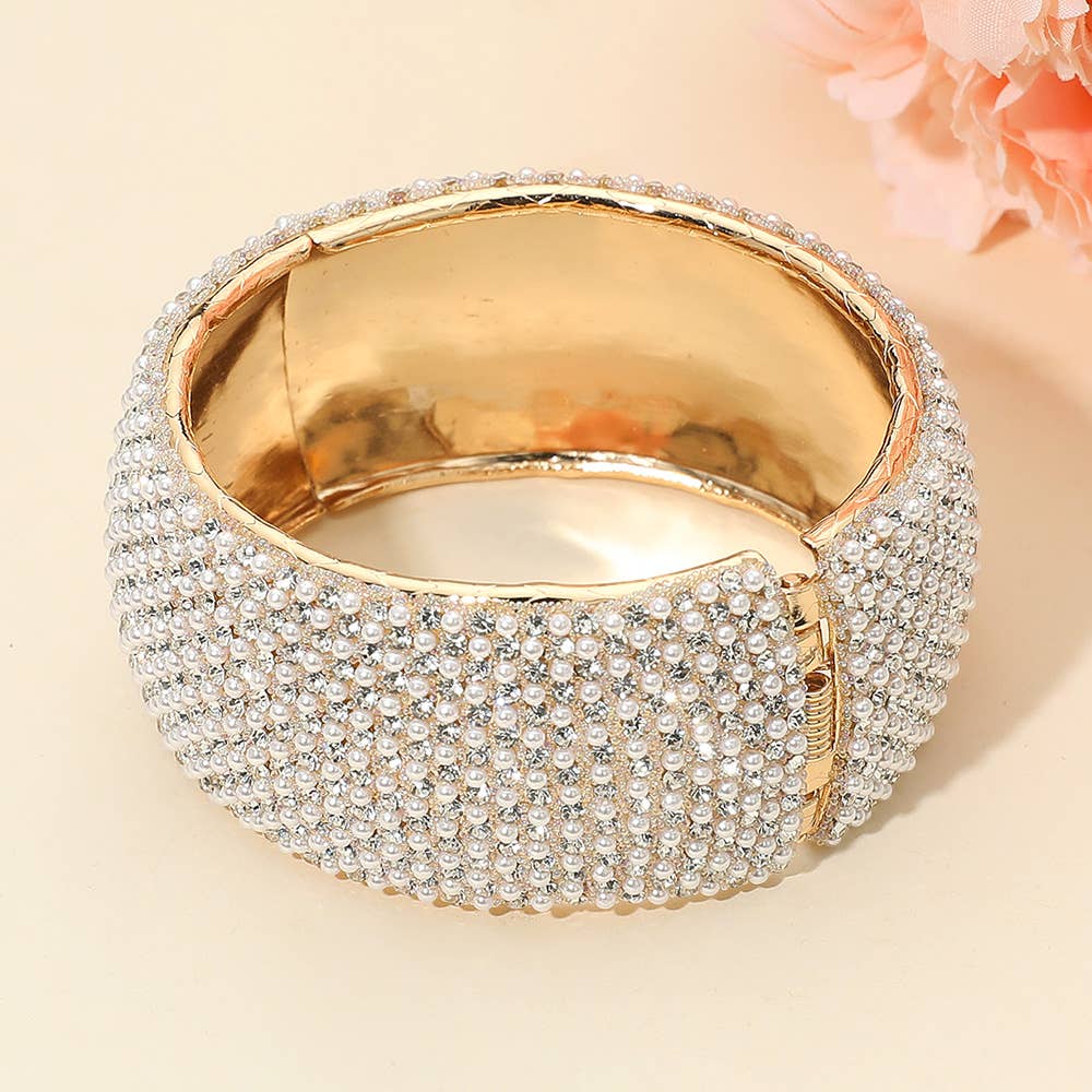 Wide Rhinestone Pearl Paved Hinged Evening Bangle Bracelet: Clear,Gold