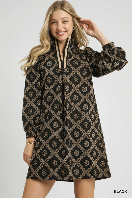 Wren Geometric Print Long Sleeve Mini Dress Black
