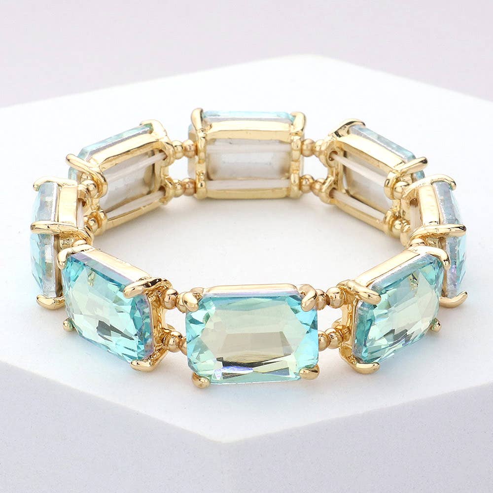 Emerald Cut Stone Stretch Evening Bracelet: Clear Gold Shiny
