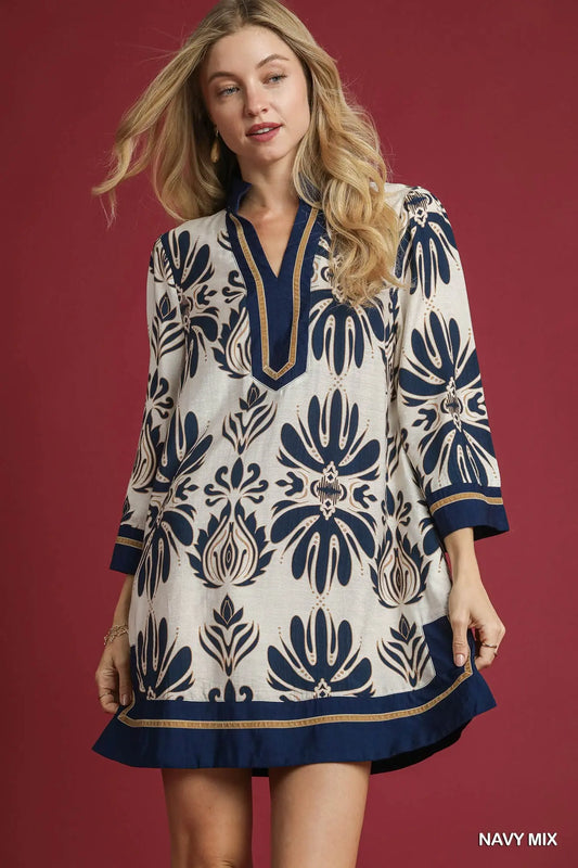 Brooke baroque floral tunic top with gold trim navy mix