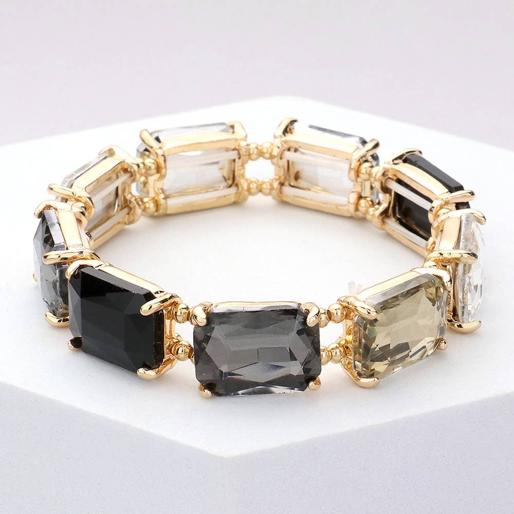 Emerald Cut Stone Stretch Evening Bracelet: Clear Gold Shiny