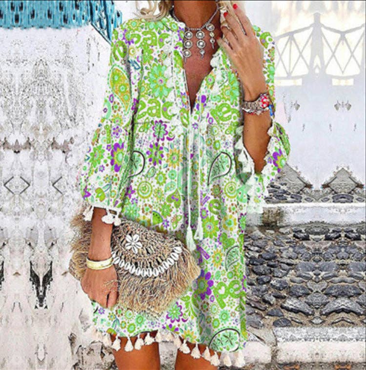 Priya Women Print V Neck Tassel 3/4 Sleeve Shift Dress Bohemian Casual Knee Length Dress: Blue / S