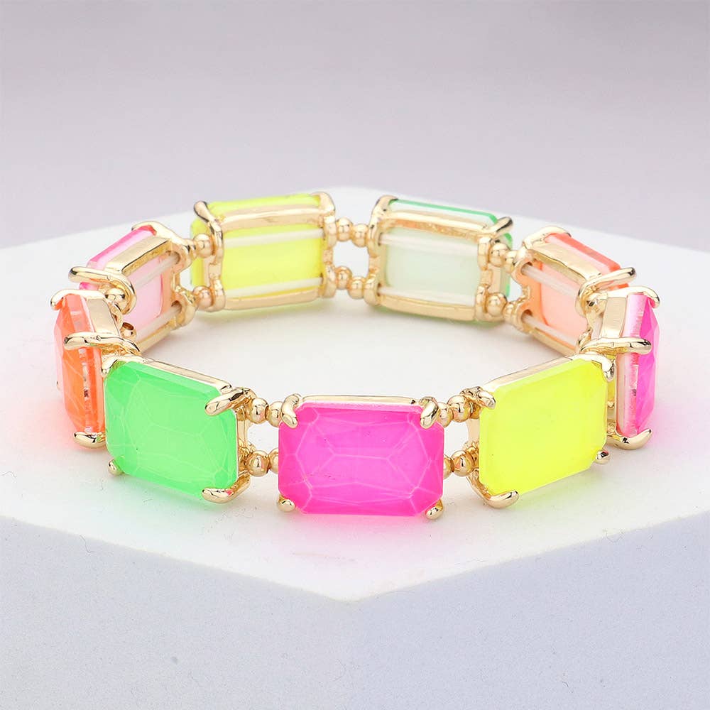 Emerald Cut Stone Stretch Evening Bracelet: Clear Gold Shiny
