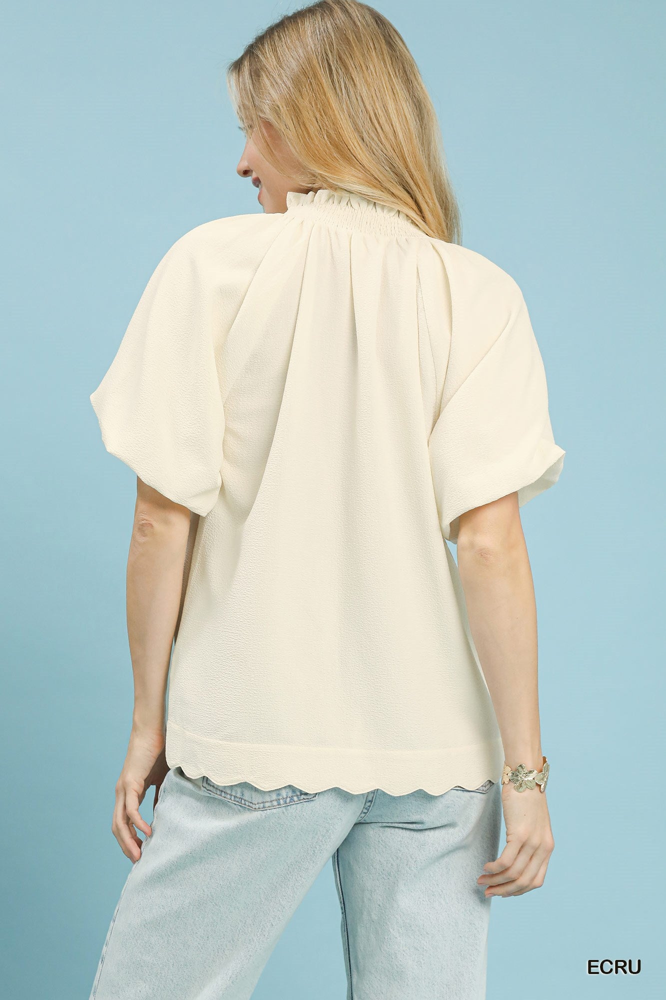Aria Scalloped Hem Textured Blouse Ecru