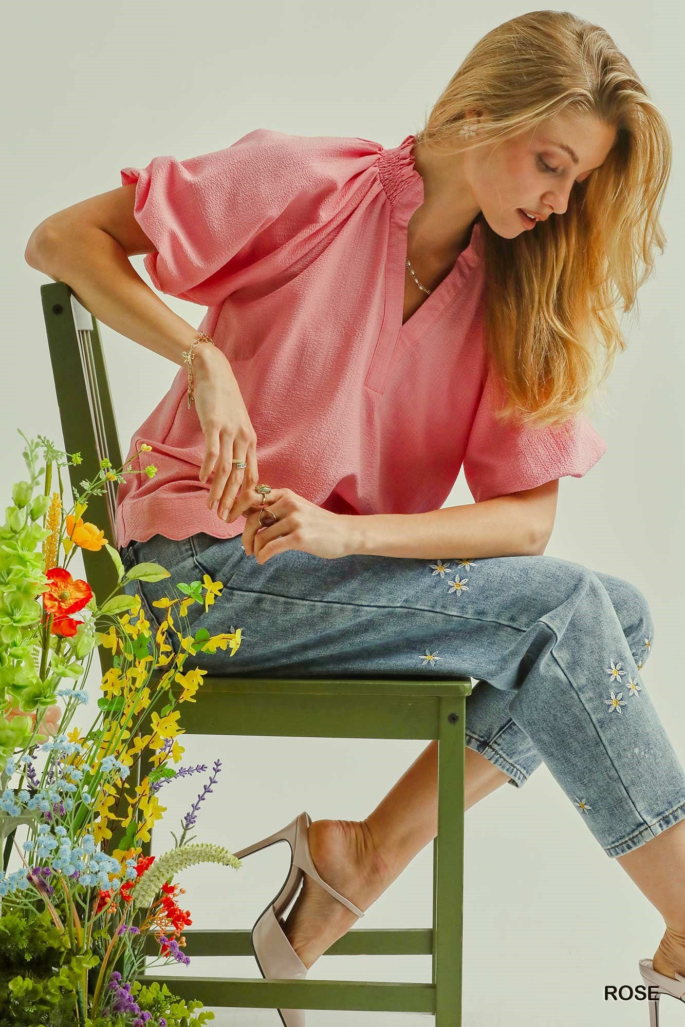 Aria Scalloped Hem Textured Blouse Rose