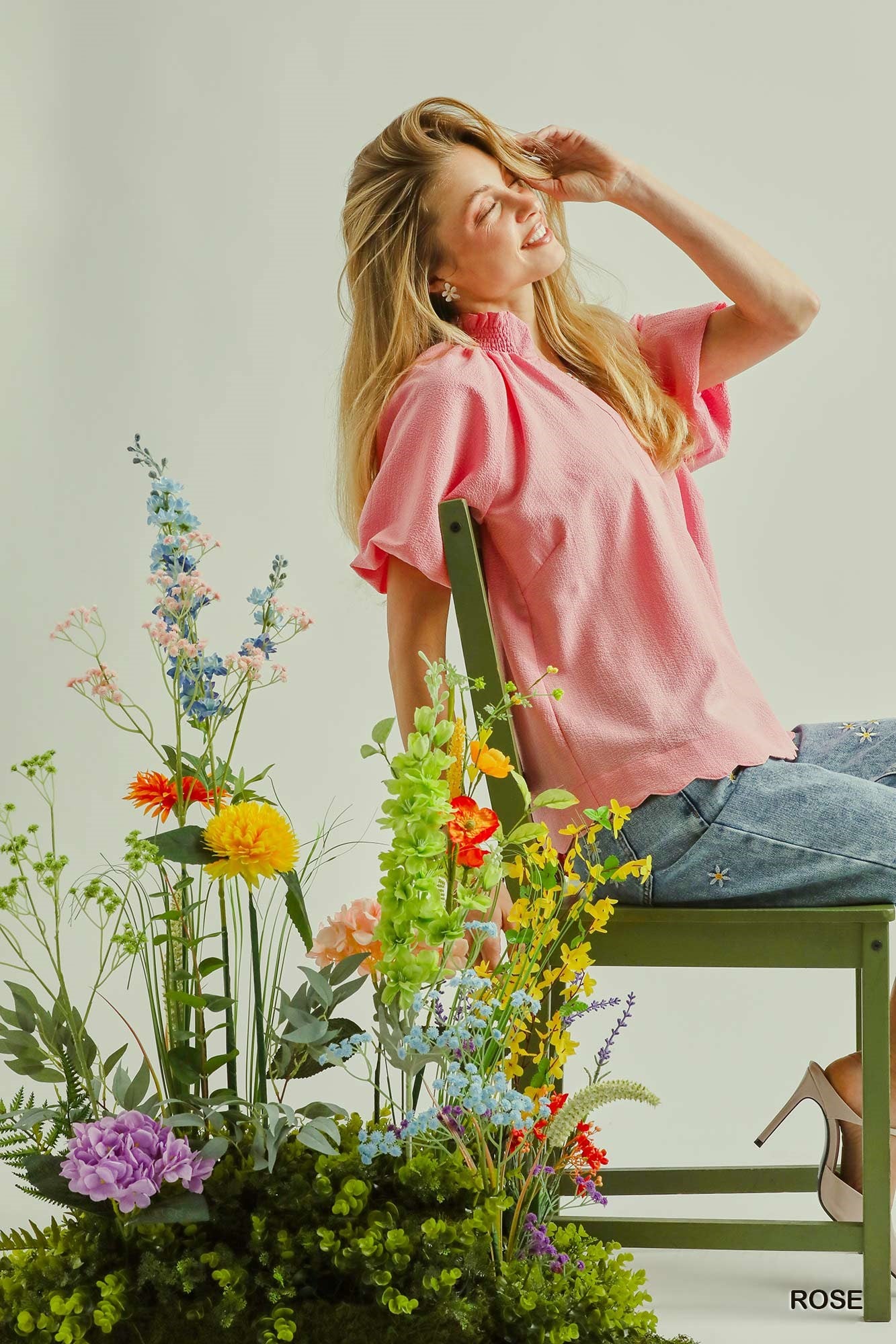 Aria Scalloped Hem Textured Blouse Rose