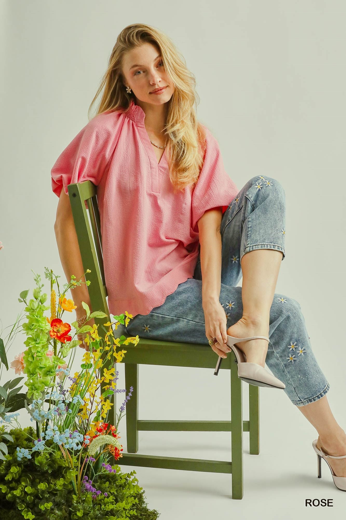 Aria Scalloped Hem Textured Blouse Rose