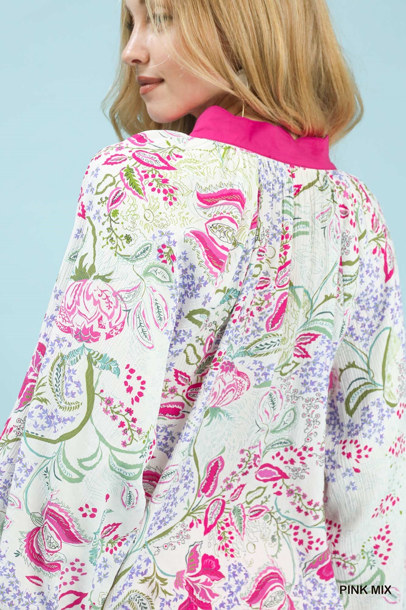 Ellison Paisley Floral Contrast Trim Top Pink Mix