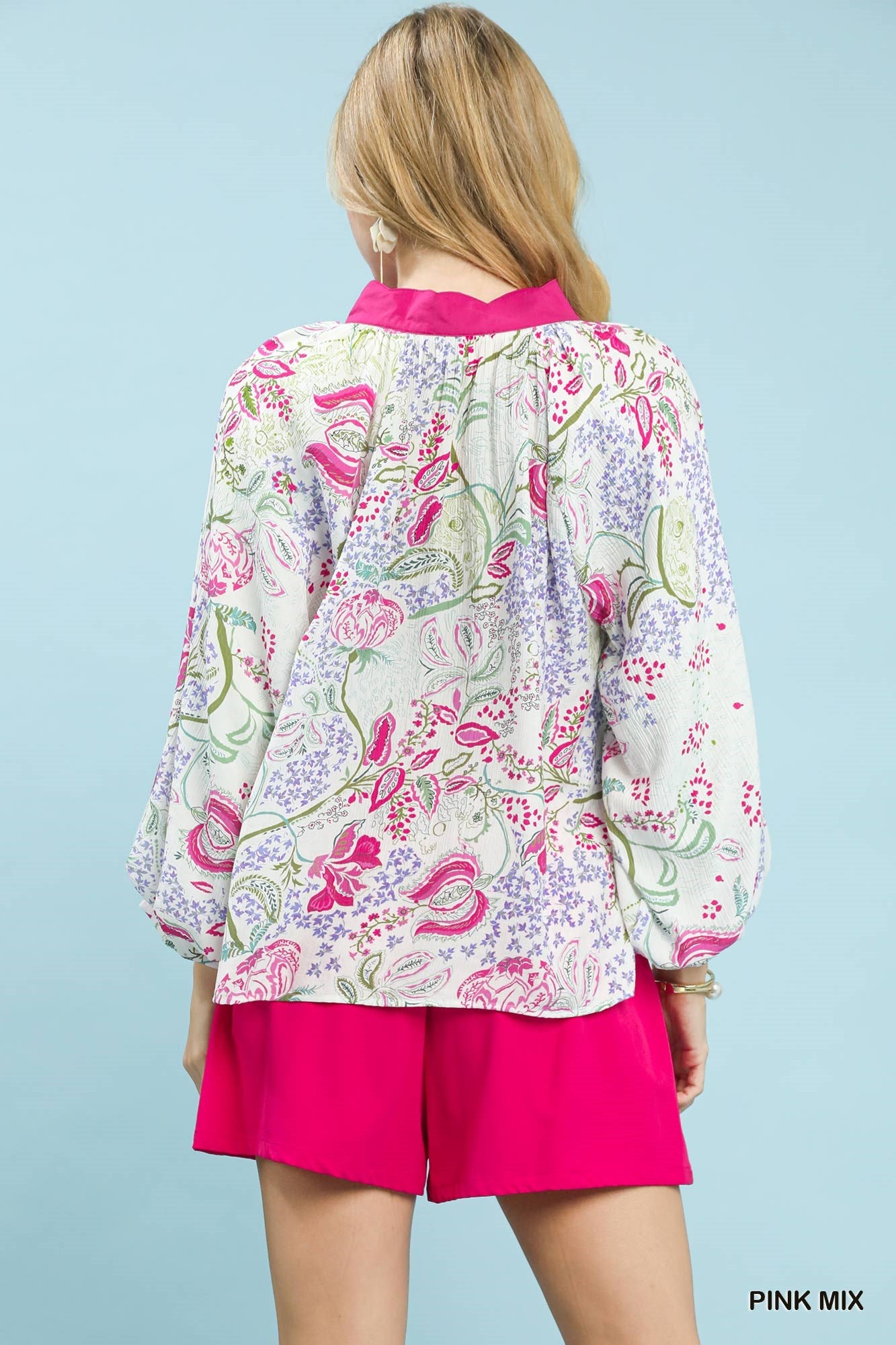 Ellison Paisley Floral Contrast Trim Top Pink Mix