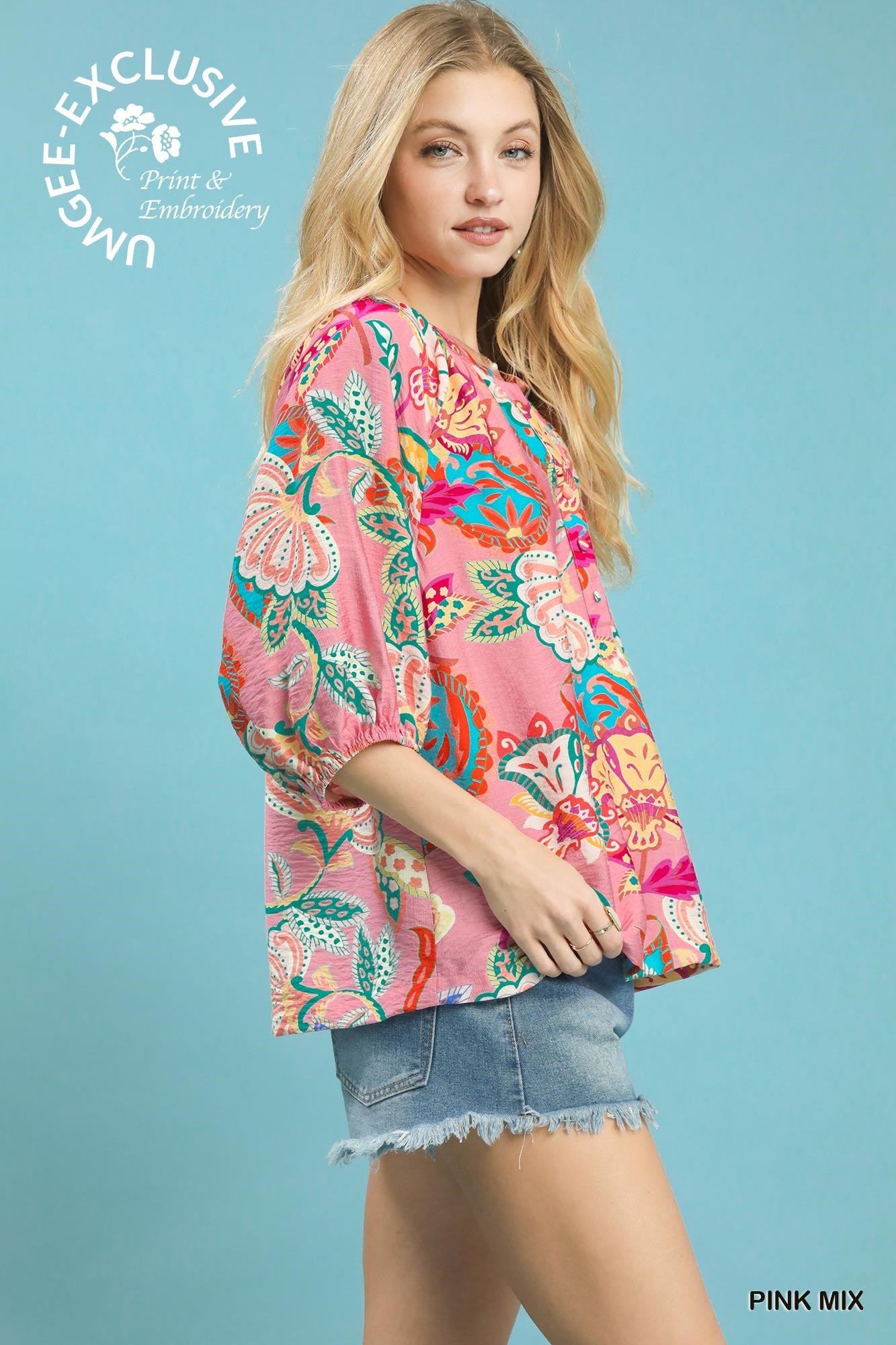 Elara Paisley Print V-Neck Top Pink Mix