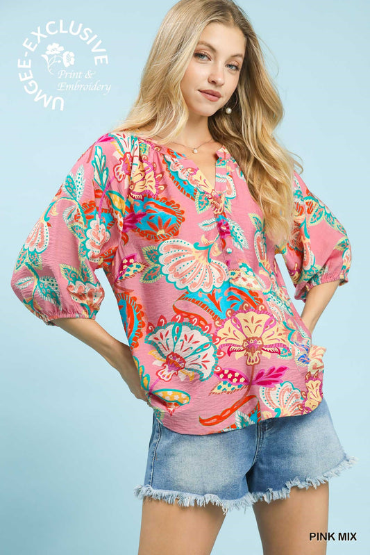 Elara Paisley Print V-Neck Top Pink Mix