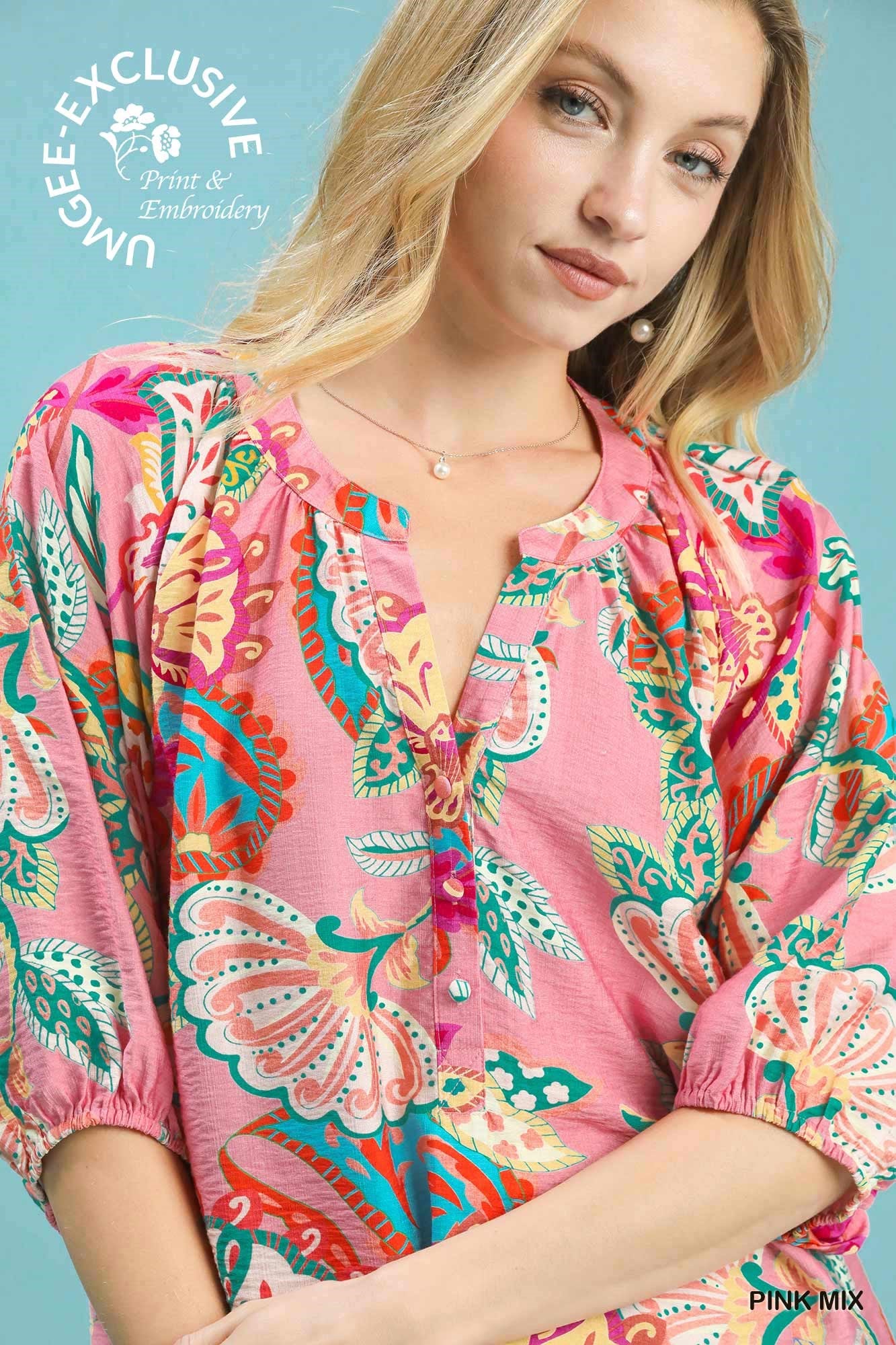 Elara Paisley Print V-Neck Top Pink Mix