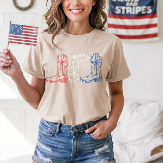 Red White and Blue Cowboy Boots Tee - Pink