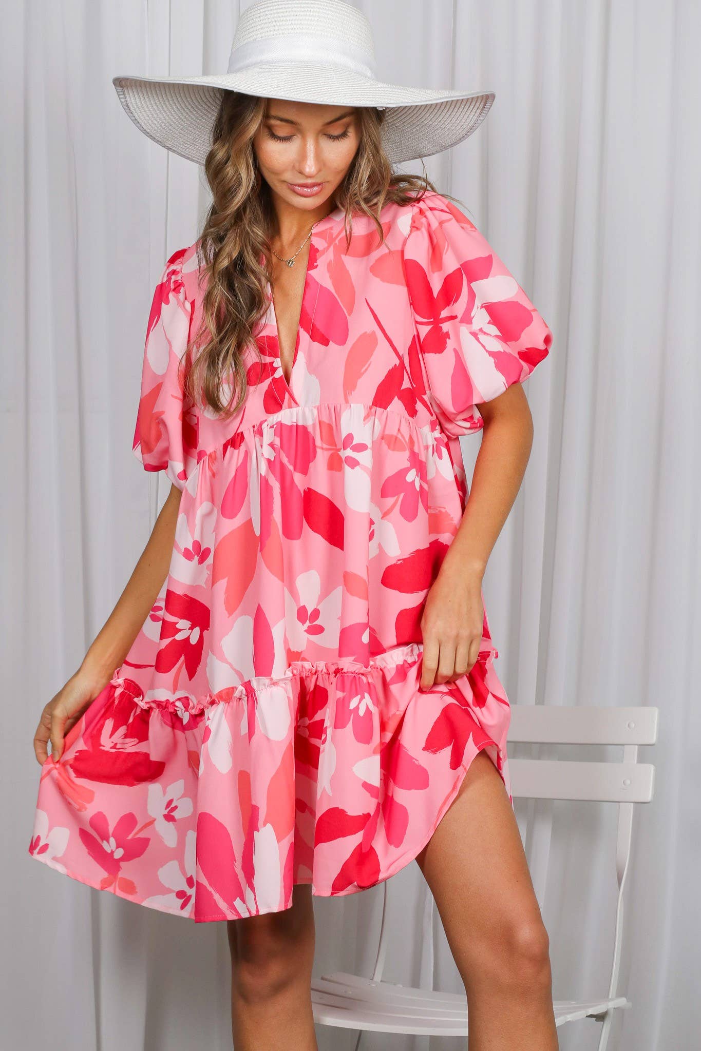 Lumi Floral Print V-Neck Tired Baby Doll Mini Dress VD82057M: Pink / L