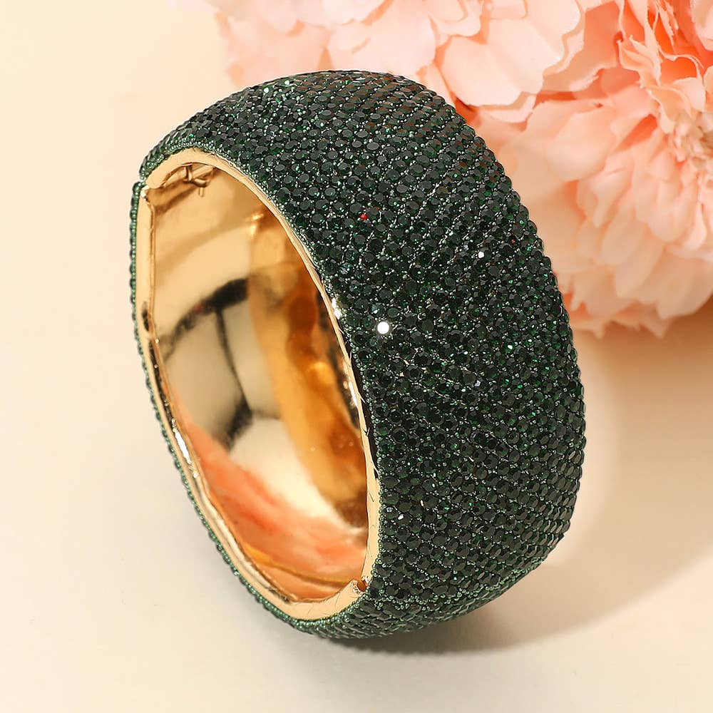 Wide Rhinestone Pearl Paved Hinged Evening Bangle Bracelet: Leopard