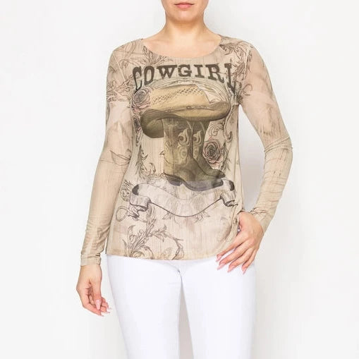 Sadie Long Sleeve Mesh Top with Sparkles Cowgirl