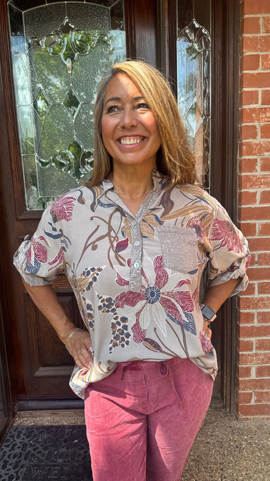 Paloma Printed One Pocket Sequin Top Taupe